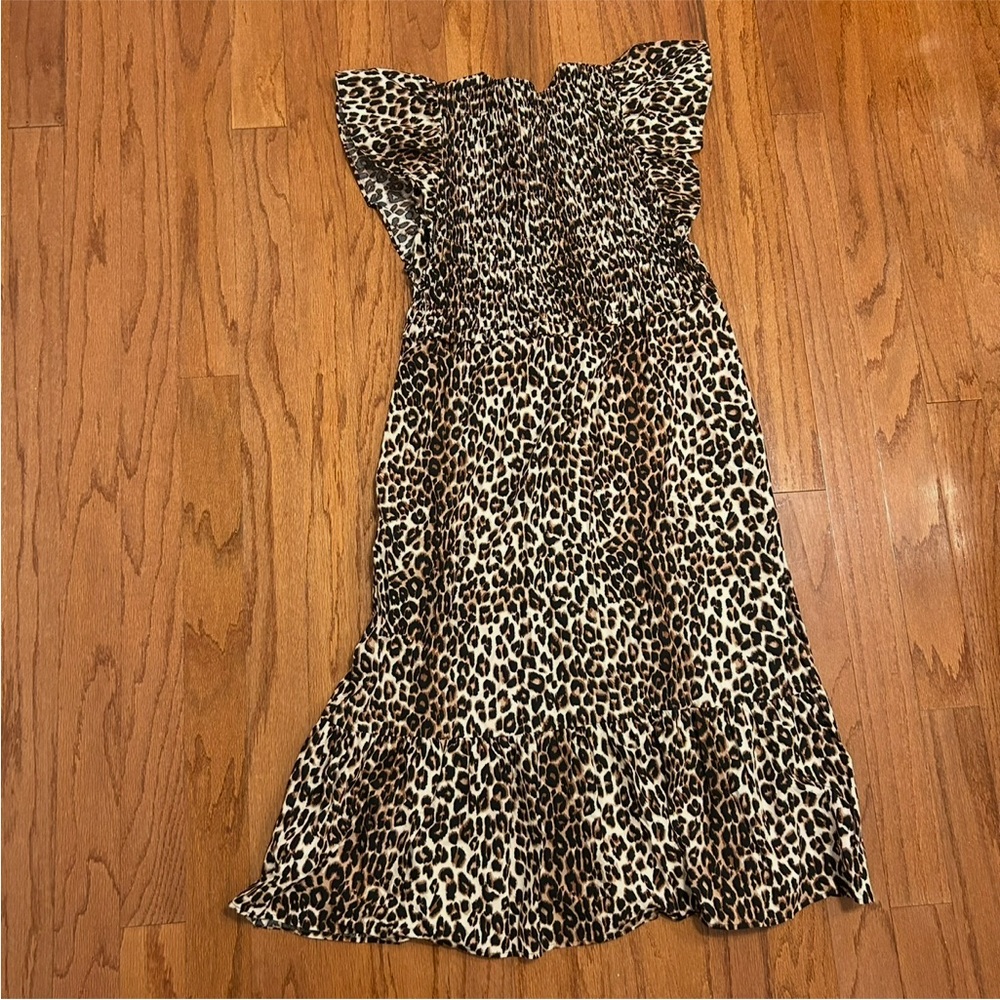 Rails Leopard Print Smocked Midi Dress Size L Boho Ruffle Dress - Picture 3 of 9